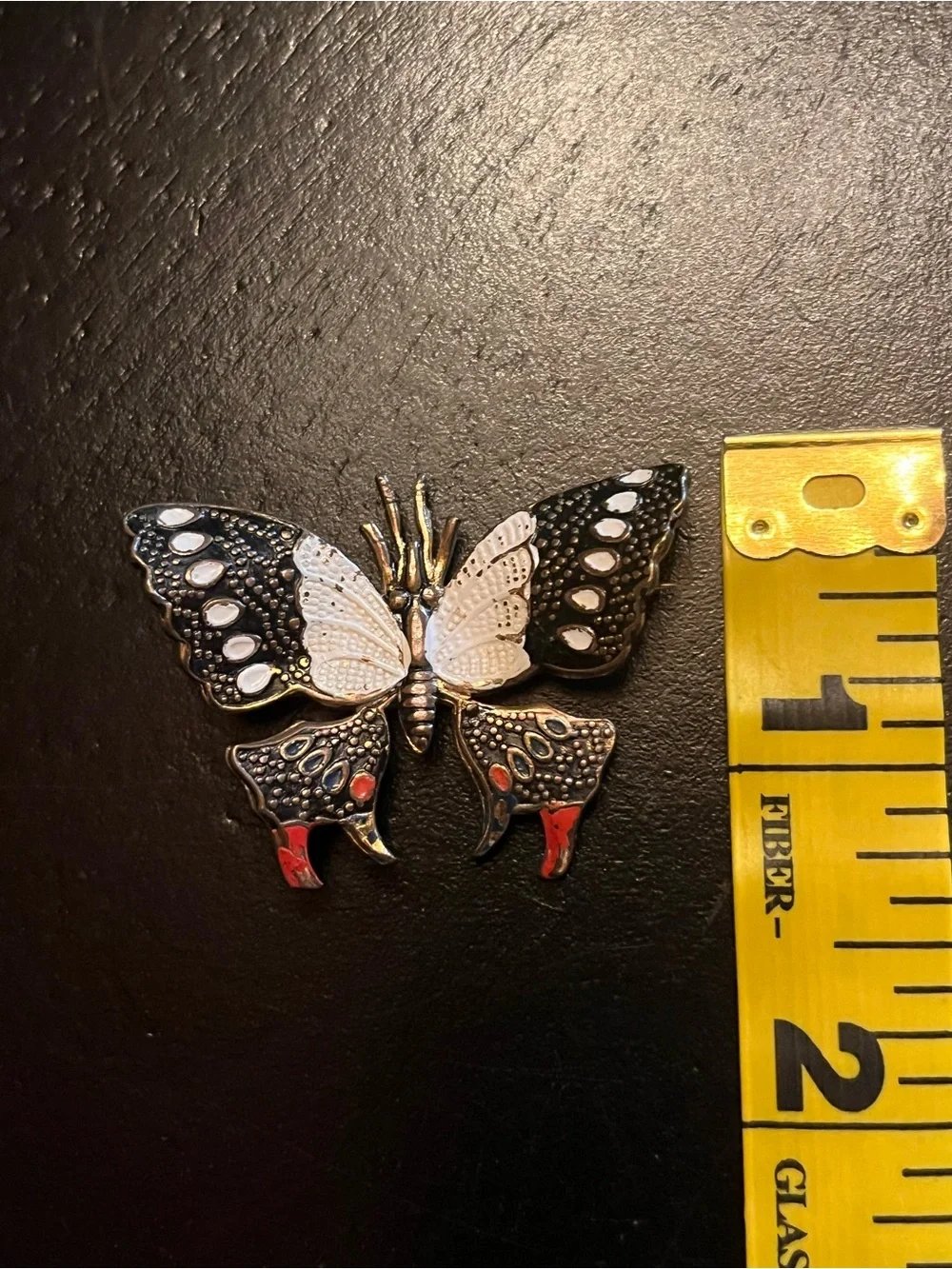 Vintage Damascene Butterfly Enamel Brooch in Black, White & Red